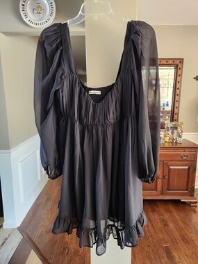Abercrombie & Fitch Black Sheer Peasant Dress With Sheer Sleeves And Liner